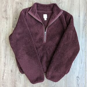 Plush Quarter Zip Teddy Jacket Faux Fur Pullover Sweater Burgundy